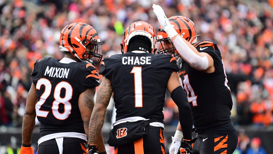 Cincinnati Bengals wide receiver Ja'Marr Chase (1) celebrates his touchdown with teammates during an NFL football game against the Baltimore Ravens, Sunday, Jan. 8, 2023, in Cincinnati. (AP Photo/Emilee Chinn)