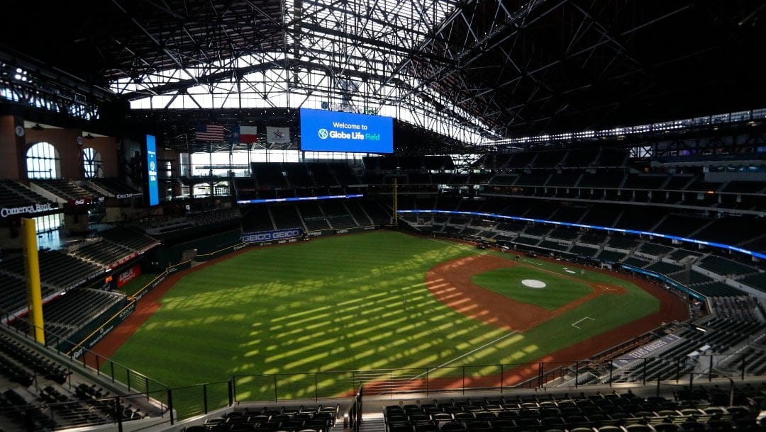 In this photo made Thursday, July 23, 2020, an upper deck view of the new Texas Rangers home baseball stadium named Globe Life Field is seen in Arlington, Texas. The Texas Rangers' new stadium isn't retro and designers wanted the first next-generation ballpark. There is the full-panel retractable roof, the split seating levels offering full views of the ballpark with plenty of natural light.