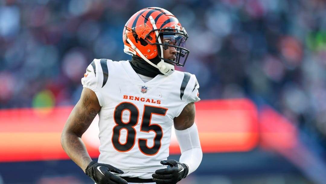 Cincinnati Bengals wide receiver Tee Higgins (85) at the line of scrimmage during the first half of an NFL football game against the New England Patriots, Saturday, Dec. 24, 2022, in Foxborough, Mass. (AP Photo/Greg M. Cooper)