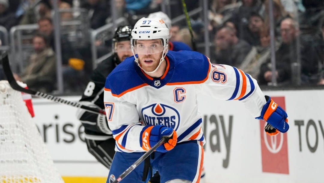 Edmonton Oilers' Connor McDavid (97) skates during the third period of an NHL hockey game against the Los Angeles Kings Monday, Jan. 9, 2023, in Los Angeles. (AP Photo/Jae C. Hong)