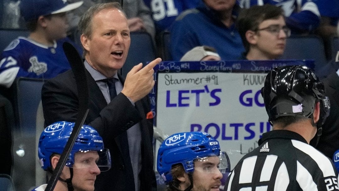 Tampa Bay Lightning head coach Jon Cooper during the second period of an NHL hockey game against the Boston Bruins Monday, Nov. 21, 2022, in Tampa, Fla.