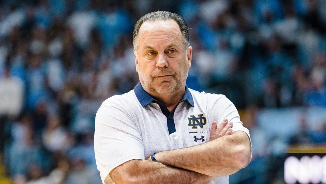 Notre Dame head coach Mike Brey looks on against North Carolina during an NCAA college basketball game on Saturday, Jan. 7, 2023, in Chapel Hill, N.C.