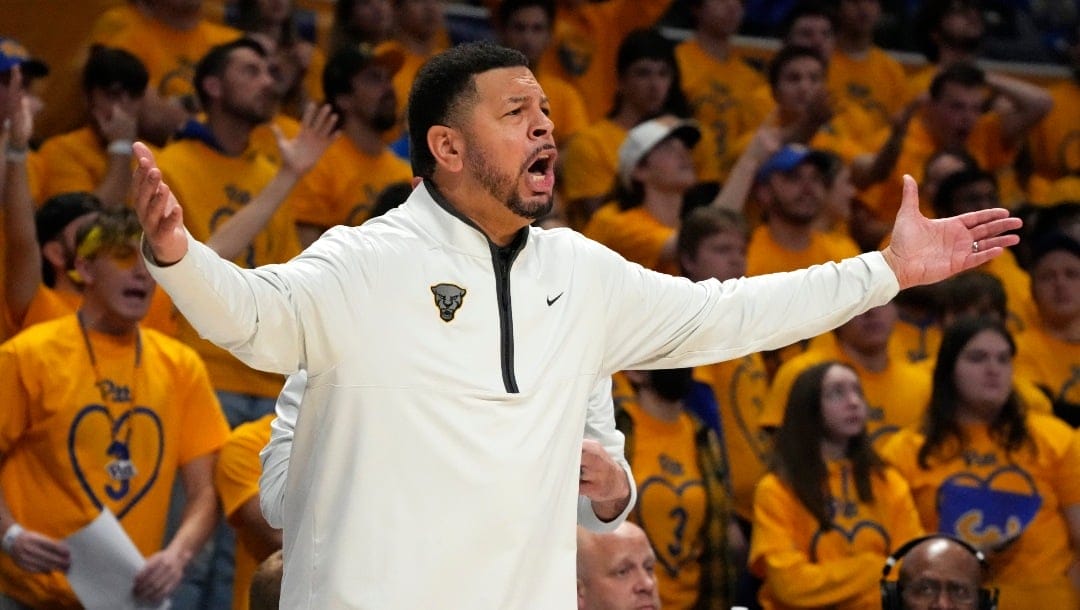 Pittsburgh head coach Jeff Capel questions a call during the first half of an NCAA college basketball game against Clemson in Pittsburgh, Saturday, Jan. 7, 2023.
