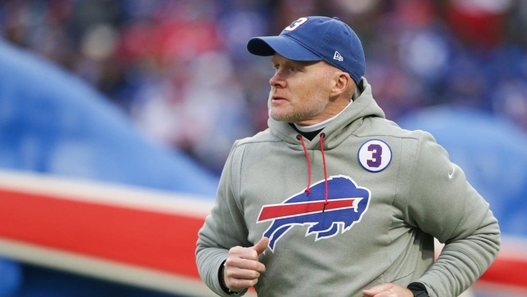 Buffalo Bills head coach Sean McDermott takes the field before an NFL football game against the New England Patriots on Sunday, Jan. 8, 2023, in Orchard Park, N.Y.