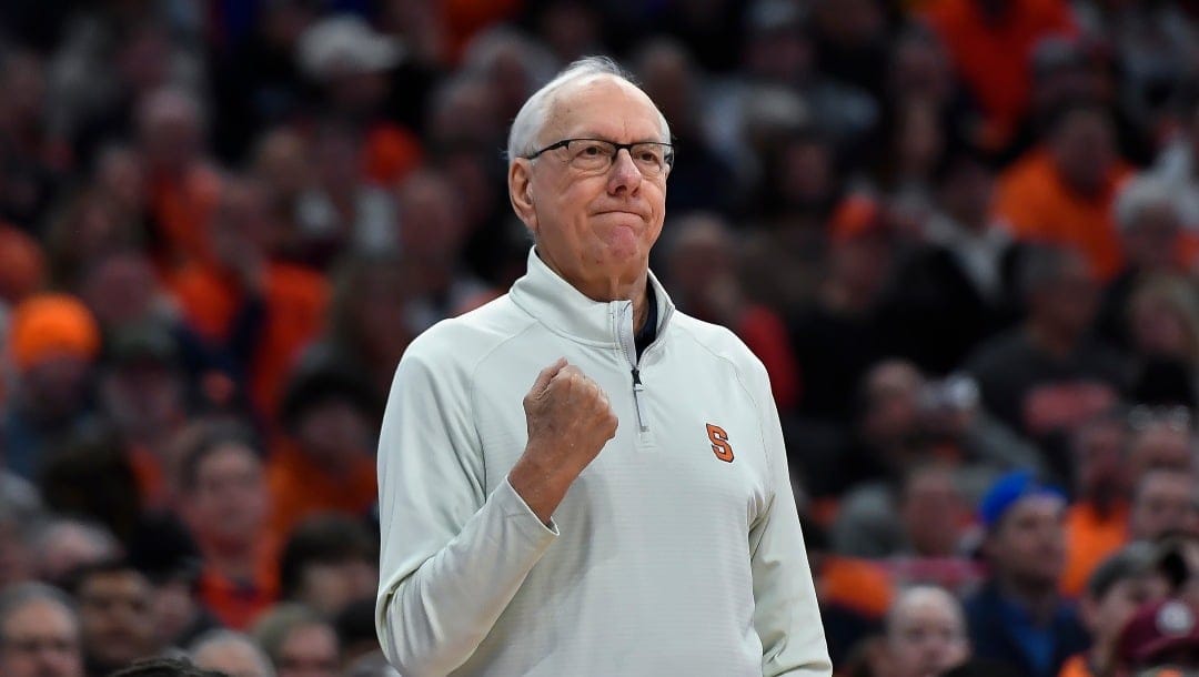 Syracuse head coach Jim Boeheim reacts during the first half of an NCAA college basketball game in Syracuse, N.Y., Saturday, Jan. 14, 2023.