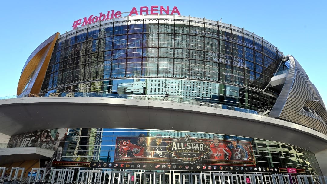 T-Mobile Arena stands in Las Vegas before an NHL hockey game between the Vegas Golden Knights and the Buffalo Sabres on Tuesday, Feb. 1, 2022, in Las Vegas. The arena is the site for this year's NHL All-Star game. (AP Photo/David Becker)