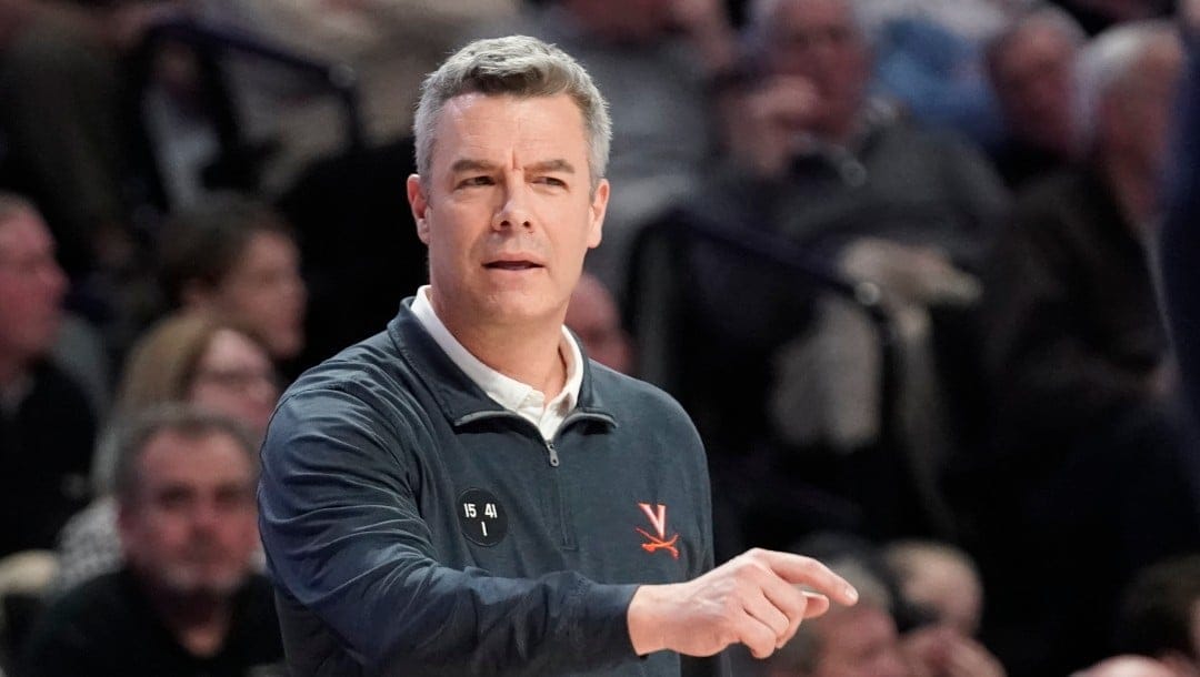 Virginia head coach Tony Bennett reacts to a call during the first half of an NCAA college basketball game against Wake Forest in Winston-Salem, N.C., Saturday, Jan. 21, 2023.