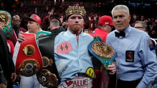 Canelo Alvarez celebrates after defeating Gennady Golovkin in their super middleweight title boxing match, Saturday, Sept. 17, 2022.