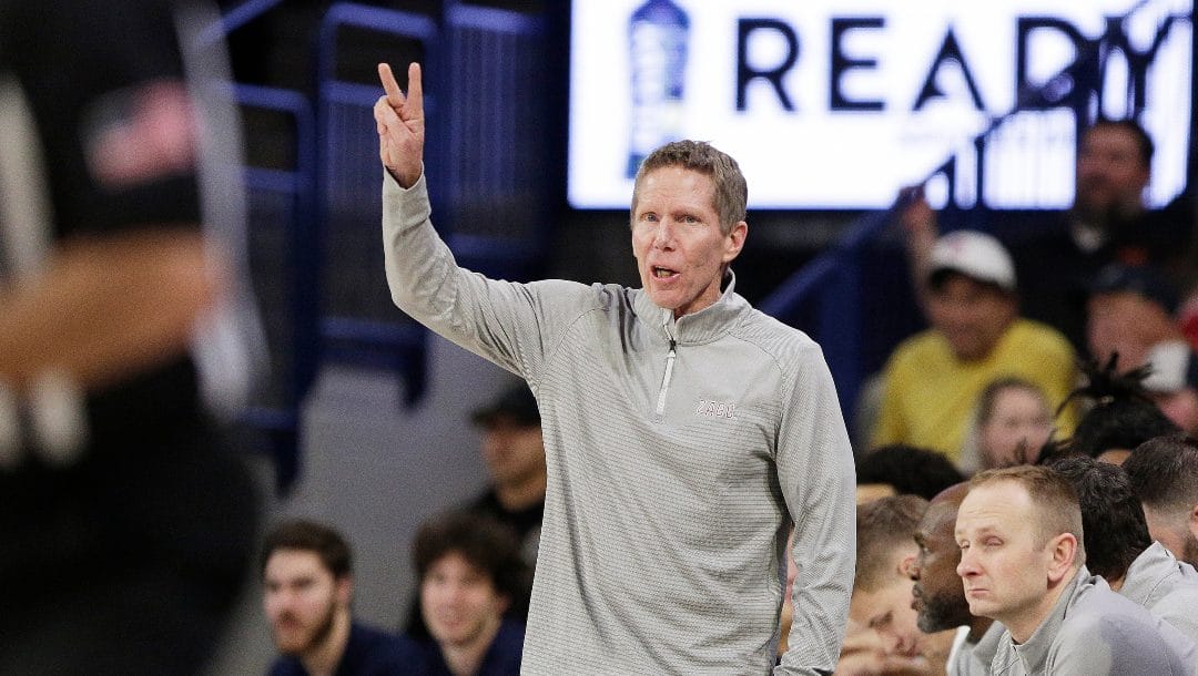 Gonzaga head coach Mark Few directs his team during the first half of an NCAA college basketball game against Loyola Marymount, Thursday, Jan. 19, 2023, in Spokane, Wash.