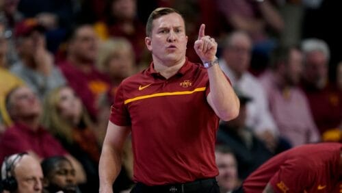 Iowa State head coach T.J. Otzelberger directs his team during the second half of an NCAA college basketball game against TCU, Wednesday, Feb. 15, 2023, in Ames, Iowa. Iowa State won 70-59.