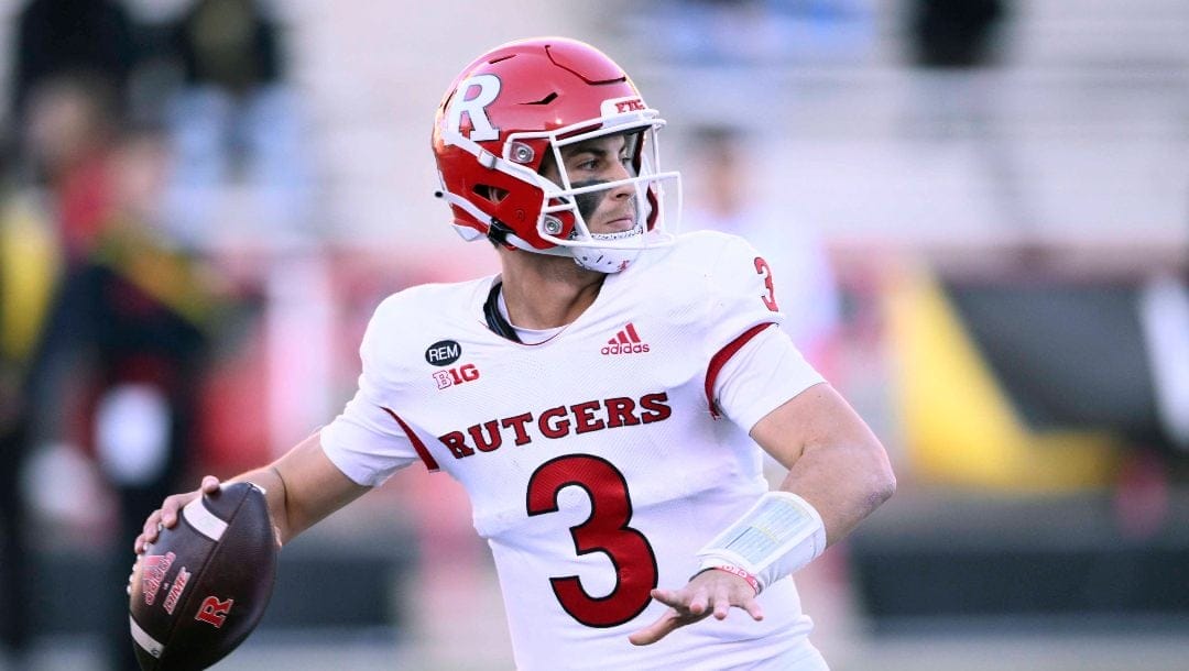 Rutgers quarterback Evan Simon (3) in action during the second half of an NCAA college football game against Maryland, Saturday, Nov. 26, 2022, in College Park, Md. Maryland won 37-0.