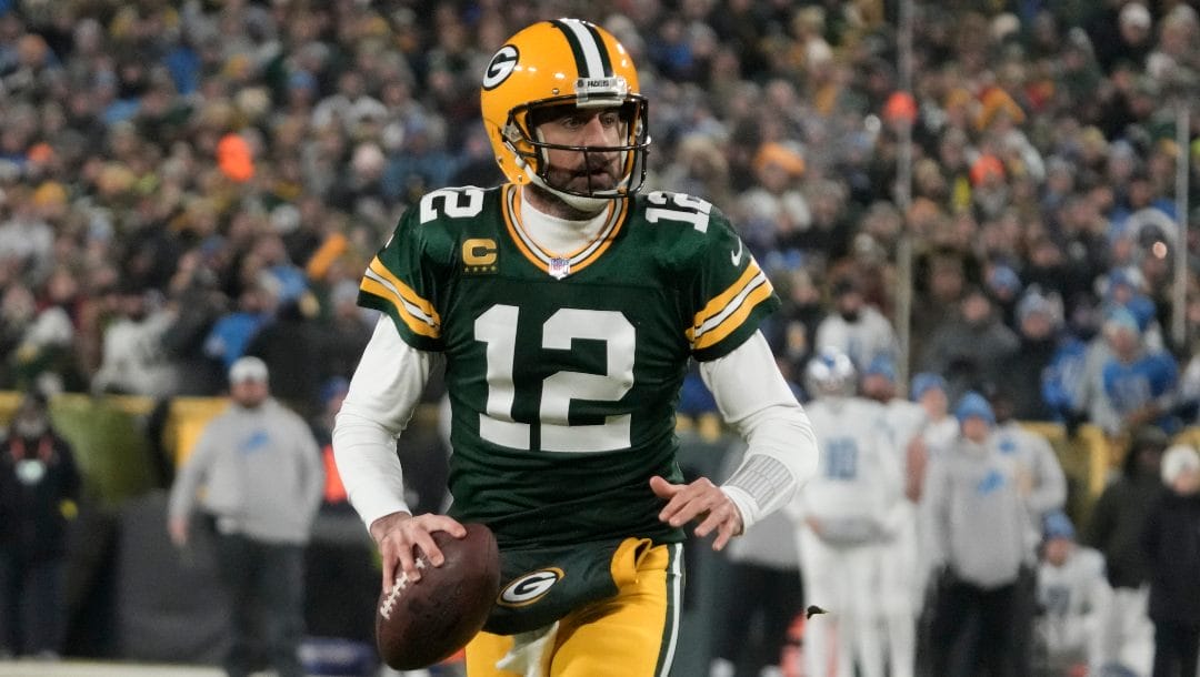 Green Bay Packers' Aaron Rodgers during the first half of an NFL football game against the Detroit LionsSunday, Jan. 8, 2023, in Green Bay, Wis.