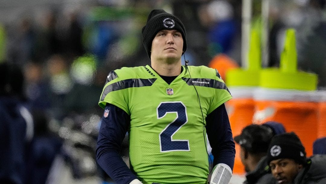 Seattle Seahawks quarterback Drew Lock is pictured on the sideline during an NFL football game against the San Francisco 49ers, Thursday, Dec. 15, 2022, in Seattle. The 49ers won 21-13.