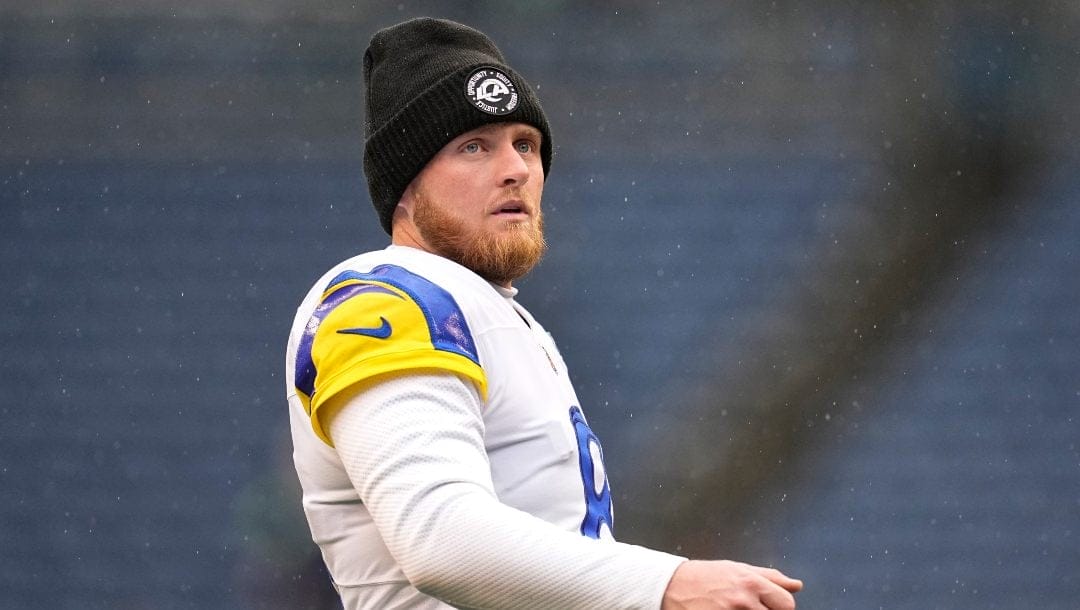 Los Angeles Rams place kicker Matt Gay (8) stands on the field before an NFL football game against the Seattle Seahawks, Sunday, Jan. 8, 2023, in Seattle.