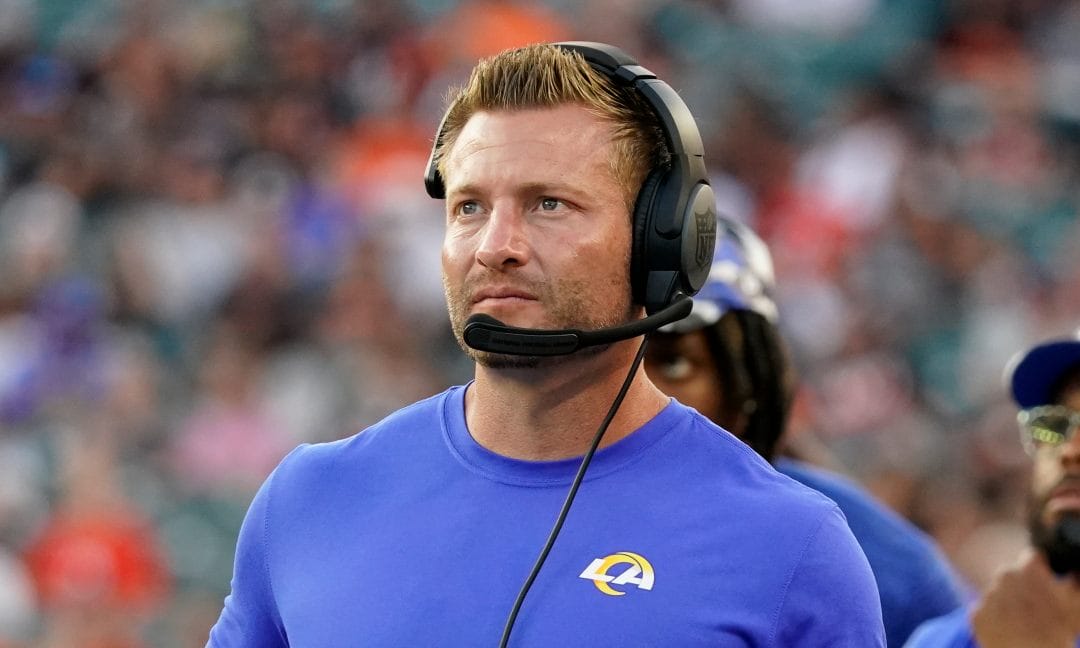Los Angeles Rams head coach Sean McVay watches against the Cincinnati Bengals during the second half of a preseason NFL football game in Cincinnati on Aug. 27, 2022. McVay and general manager Les Snead have agreed to contract extensions announced Thursday, Sept. 8, 2022, keeping the defending Super Bowl champions' brain trust in place with lucrative new deals through the 2026 season.