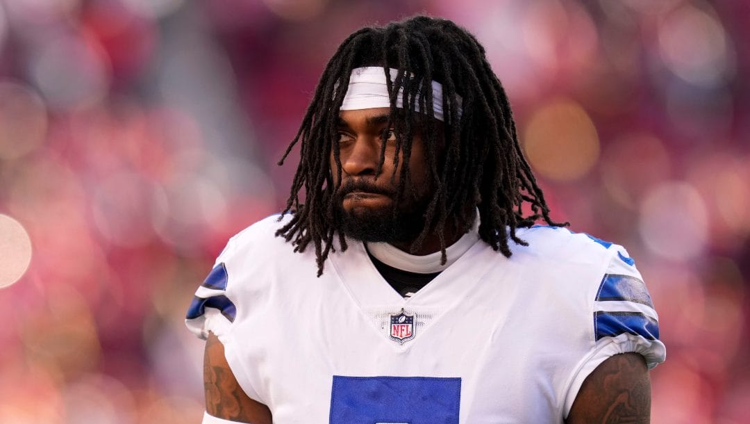 Dallas Cowboys cornerback Trevon Diggs (7) warms up before an NFL divisional playoff football game against the San Francisco 49ers in Santa Clara, Calif., Sunday, Jan. 22, 2023.