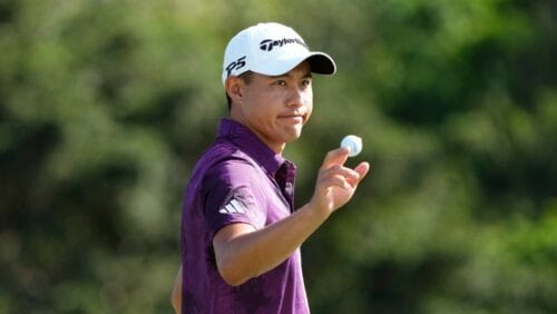 Collin Morikawa acknowledges the gallery after the third round of the Tournament of Champions golf event, Saturday, Jan. 7, 2023, at Kapalua Plantation Course in Kapalua, Hawaii.