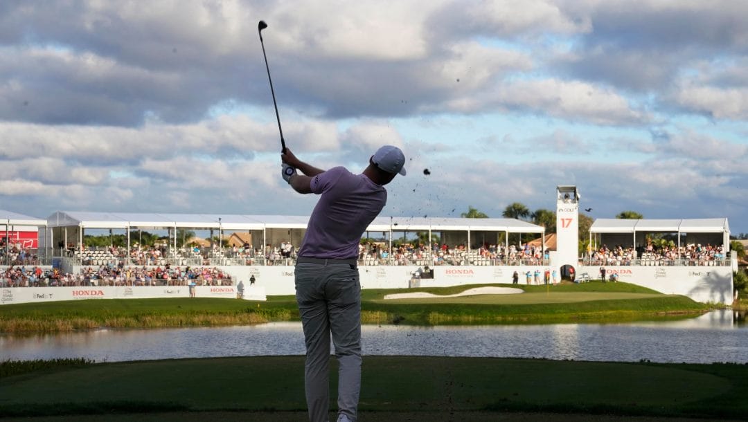 Daniel Berger hits from the 17th tee during the third round of the Honda Classic golf tournament, Saturday, Feb. 26, 2022, in Palm Beach Gardens, Fla.