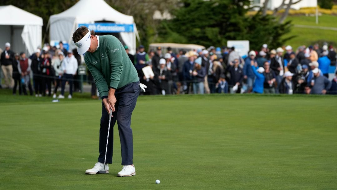 Keith Mitchell follows his putt on the third green of the Pebble Beach Golf Links during the fourth round of the AT&T Pebble Beach Pro-Am golf tournament in Pebble Beach, Calif., Sunday, Feb. 5, 2023.