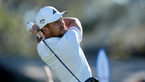 Xander Schauffele watches his tee shot on the 10th hole of the North Course at Torrey Pines during the first round of the Farmers Insurance Open golf tournament, Wednesday, Jan. 25, 2023, in San Diego.