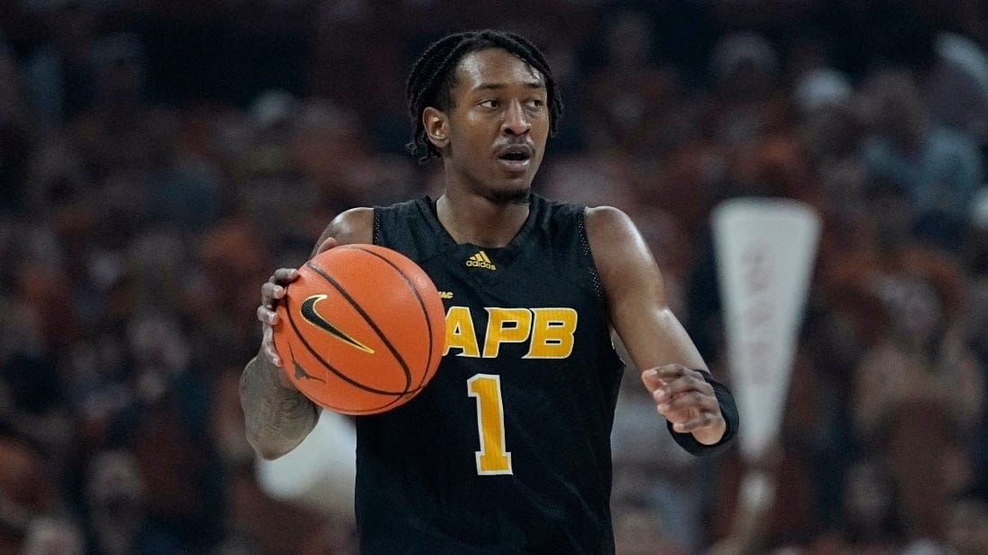 No 1 player from Arkansas-Pine Bluff in possession of the basketball ball