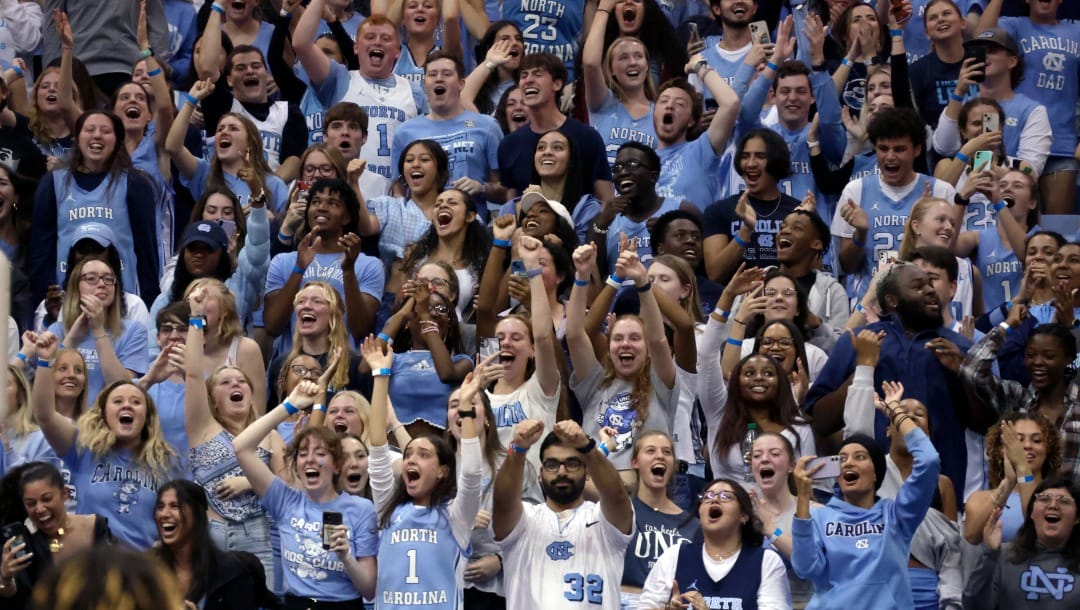 North Carolina fans cheer after a dunk by North Carolina forward Armando Bacot against College of Charleston during the second half of an NCAA college basketball game Friday, Nov. 11, 2022, in Chapel Hill, N.C. (AP Photo/Chris Seward)