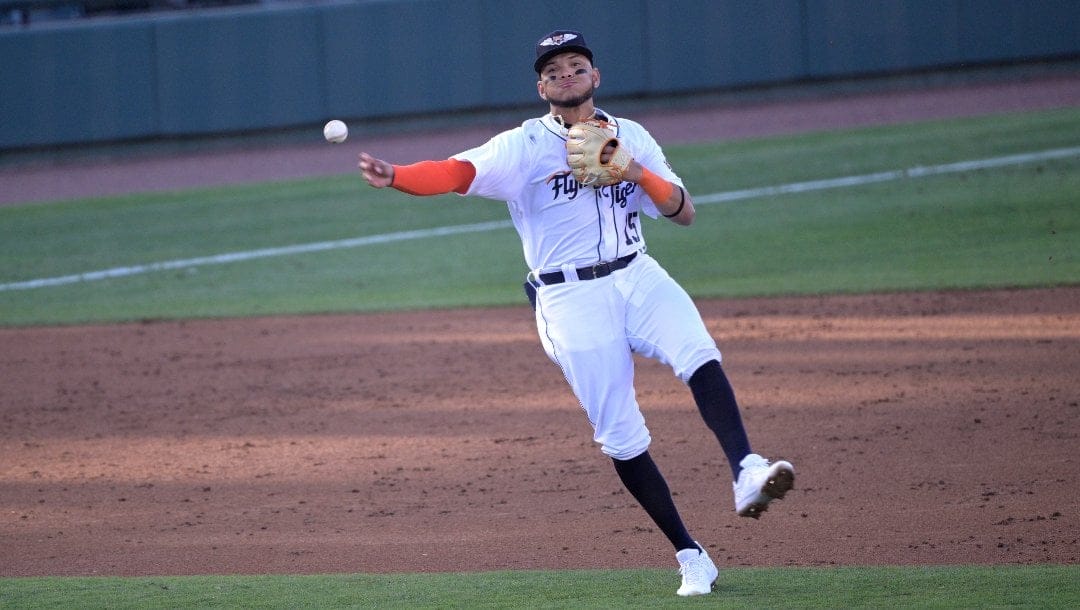 Lakeland Flying Tigers shortstop Manuel Sequera (15) gets the out at first base after fielding a ground ball during a minor league baseball game against the Tampa Tarpons, Friday, April 8, 2022, in Lakeland, Fla.