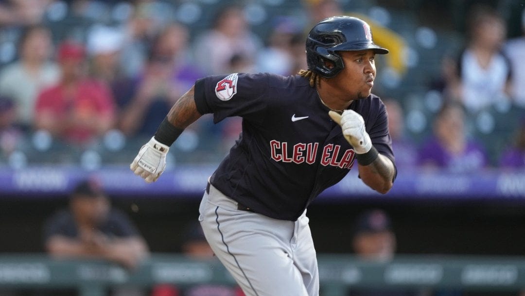 Cleveland Guardians third baseman Jose Ramirez (11) in the first inning of a baseball game Tuesday, June 14, 2022, in Denver.