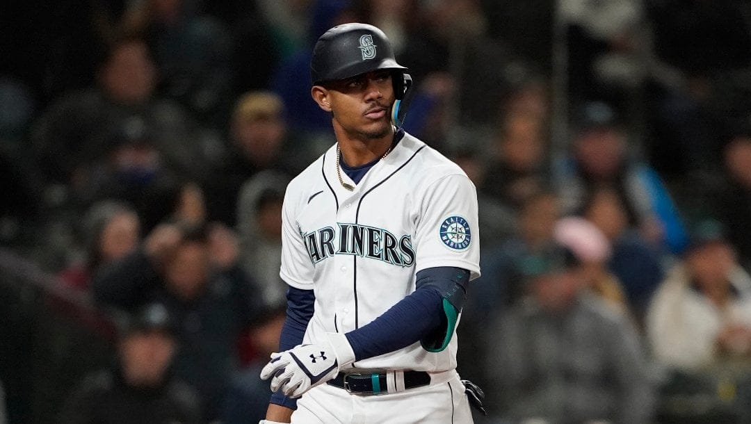 Seattle Mariners' Julio Rodriguez during a baseball game against the Texas Rangers, Thursday, April 21, 2022, in Seattle.