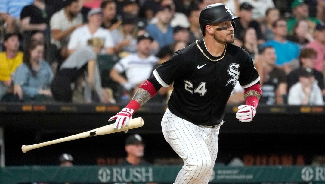 Chicago White Sox's Yasmani Grandal watches is hit during a baseball game against the Oakland Athletics Saturday, July 30, 2022, in Chicago.