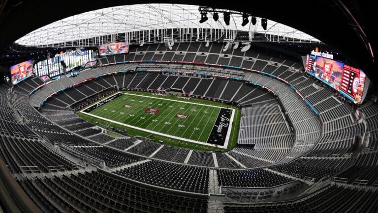 The playing field is seen before the Good Sam Vegas Kickoff Classic, an NCAA college football game between Arizona and BYU at Allegiant Stadium, Saturday, Sept. 4, 2021, in Las Vegas. (AP Photo/David Becker)