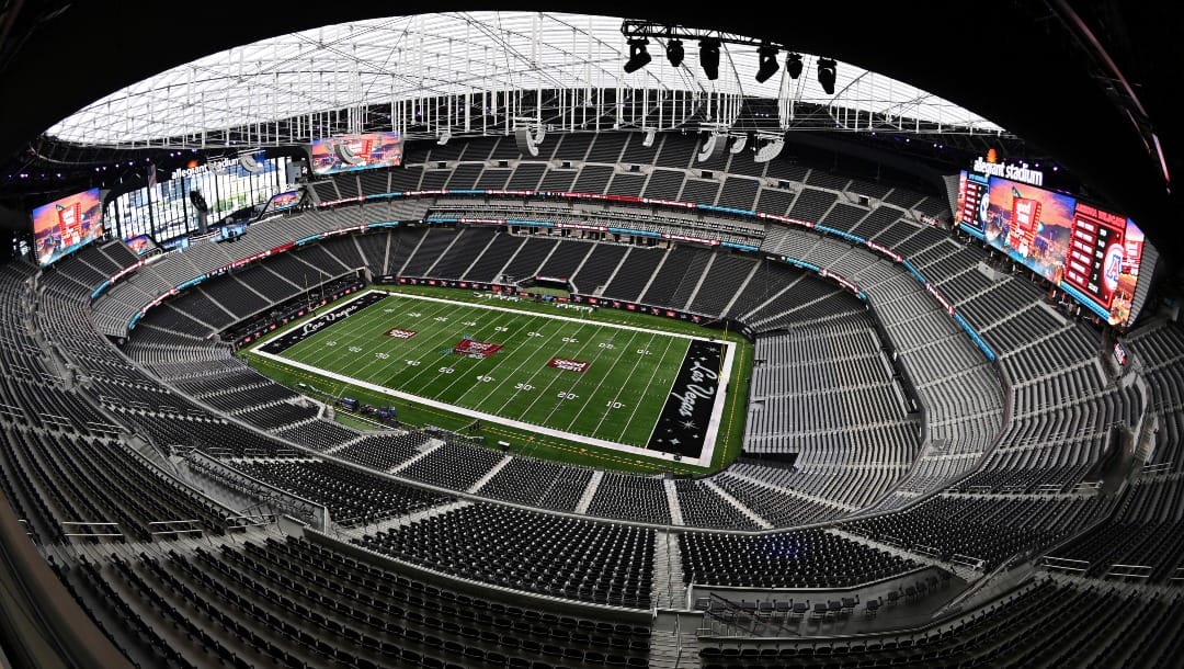 The playing field is seen before the Good Sam Vegas Kickoff Classic, an NCAA college football game between Arizona and BYU at Allegiant Stadium, Saturday, Sept. 4, 2021, in Las Vegas. (AP Photo/David Becker)