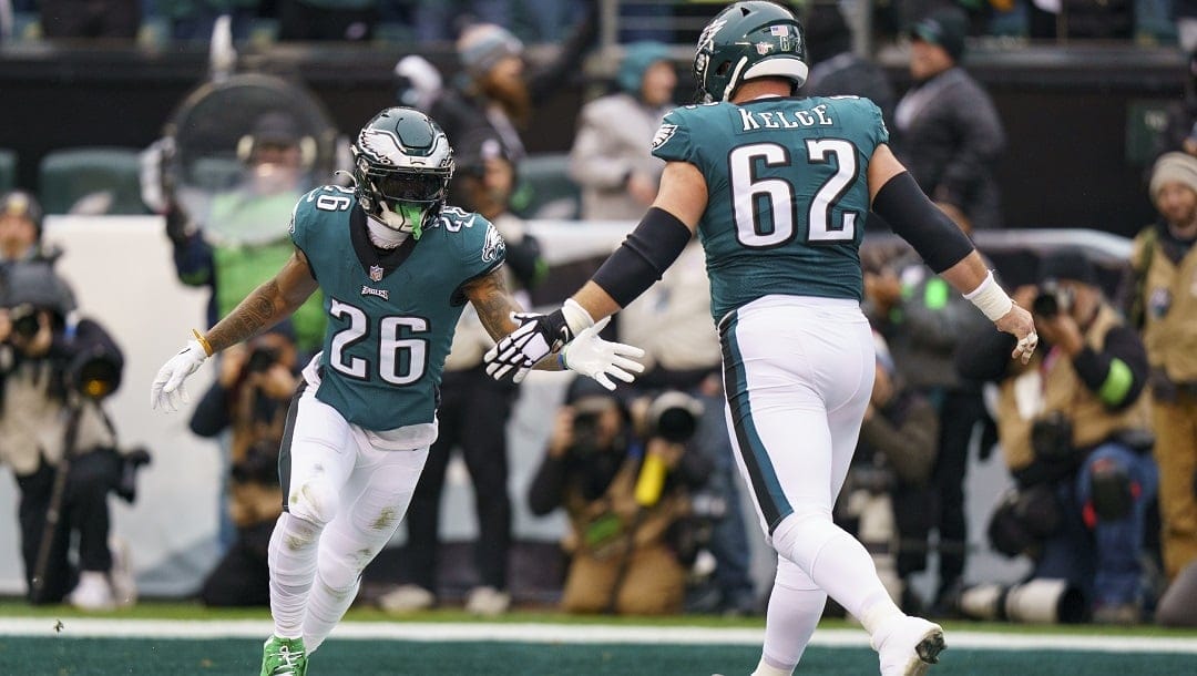 Jason Kelce and Miles Sanders celebrate yet another rushing touchdown for the Eagles.