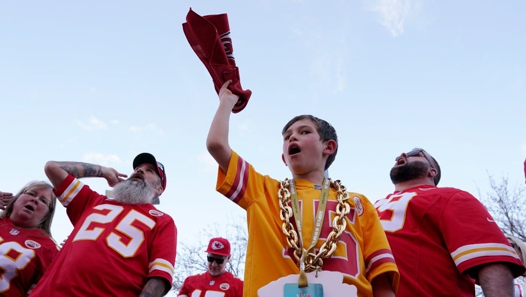 Kansas City Chiefs fans cheer before the NFL Super Bowl 57 football game between the Kansas City Chiefs and the Philadelphia Eagles, Sunday, Feb. 12, 2023, in Glendale, Ariz. (AP Photo/Godofredo A. Vasquez)