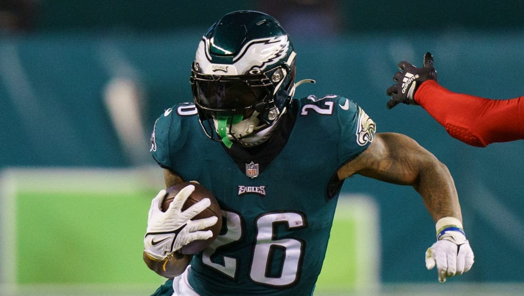 Philadelphia Eagles running back Miles Sanders (26) in action during the NFL divisional round playoff football game against the New York Giants, Saturday, Jan. 21, 2023, in Philadelphia. (AP Photo/Chris Szagola)