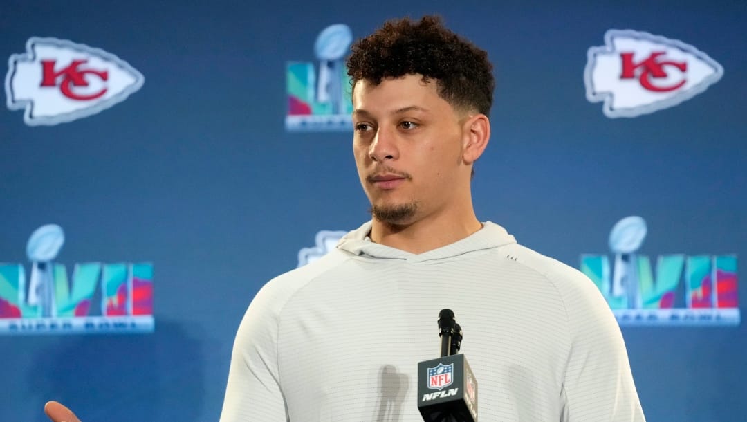 Kansas City Chiefs' Patrick Mahomes answers a question during during an NFL football Super Bowl media availability in Scottsdale, Ariz., Wednesday, Feb. 8, 2023. The Chiefs will play against the Philadelphia Eagles in Super Bowl 57 on Sunday. (AP Photo/Ross D. Franklin)