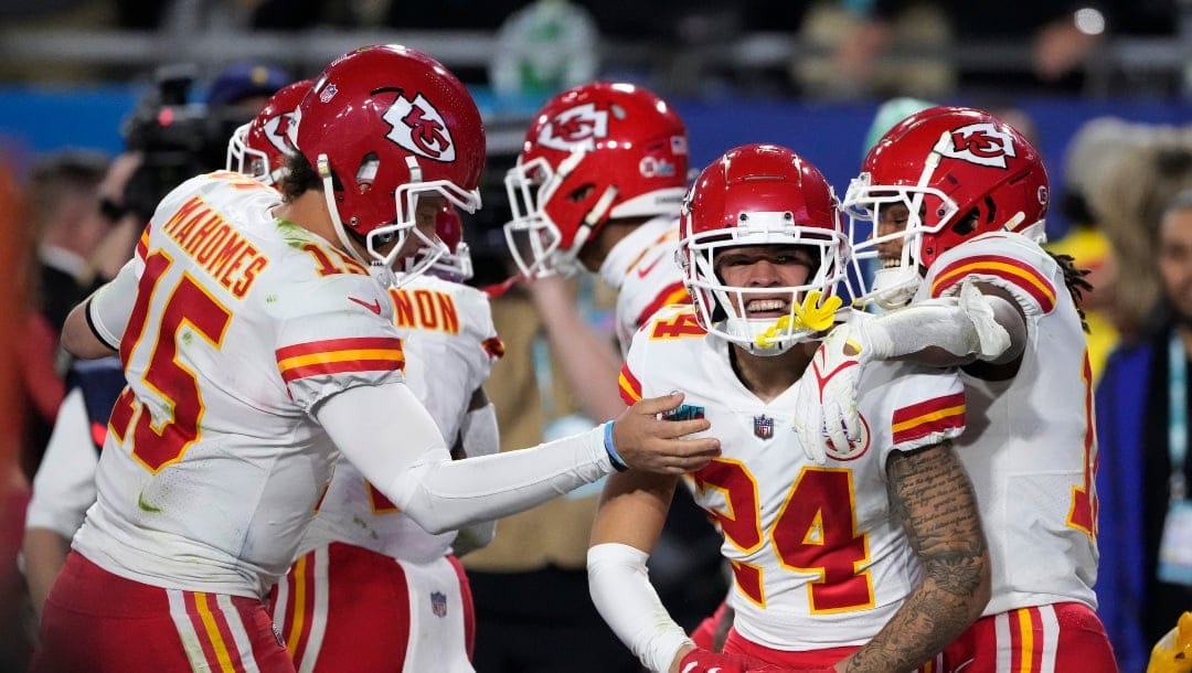 Kansas City Chiefs wide receiver Skyy Moore (24) celebrates after scoring a touchdown against the Philadelphia Eagles during the second half of the NFL Super Bowl 57 football game, Sunday, Feb. 12, 2023, in Glendale, Ariz. (AP Photo/Godofredo A. Vasquez)