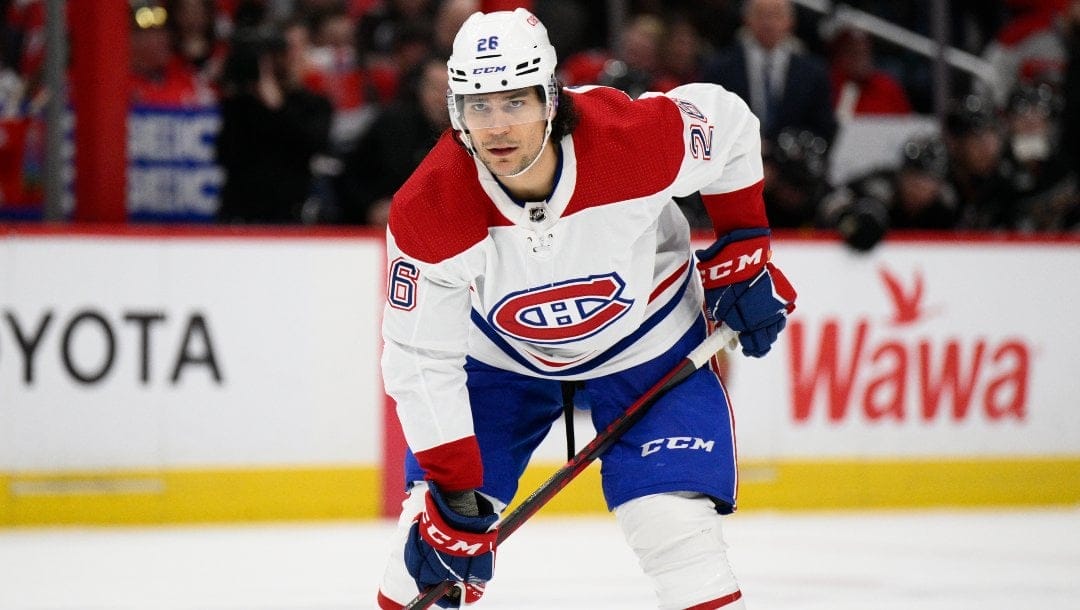 Montreal Canadiens defenseman Johnathan Kovacevic (26) in action during the second period of an NHL hockey game against the Washington Capitals, Saturday, Dec. 31, 2022, in Washington.