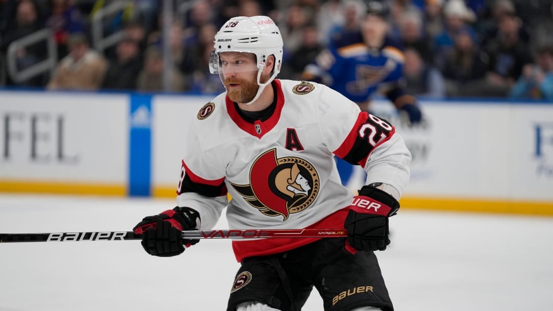 Ottawa Senators' Claude Giroux in action during the first period of an NHL hockey game against the St. Louis Blues Monday, Jan. 16, 2023, in St. Louis. (AP Photo/Jeff Roberson)