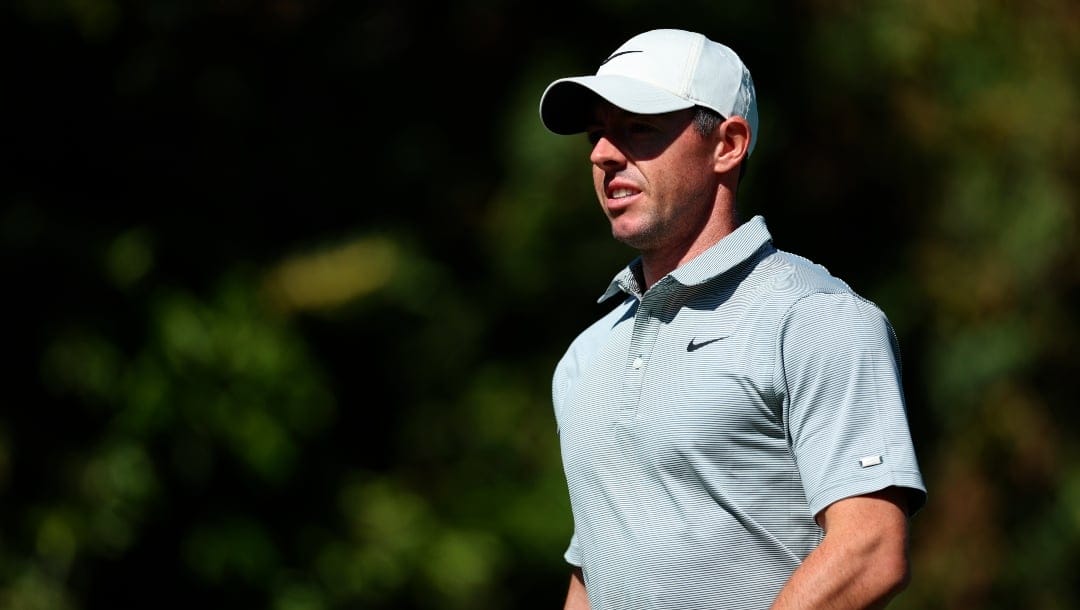 Rory McIlroy, of Northern Ireland, looks on from the fourth hole during the first round of the Genesis Invitational golf tournament at Riviera Country Club, Thursday, Feb. 17, 2022, in the Pacific Palisades area of Los Angeles. (AP Photo/Ryan Kang)