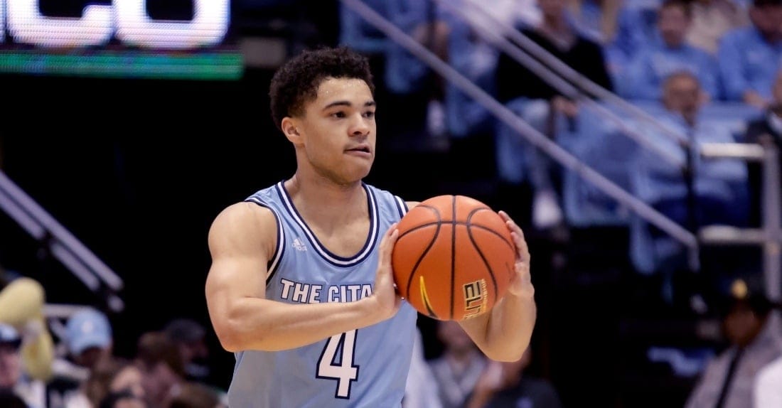 Citadel guard Elijah Morgan (4) looks to pass during the second half of an NCAA college basketball game against North Carolina Tuesday, Dec. 13, 2022, in Chapel Hill, N.C.