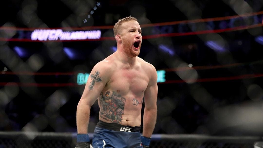 Justin Gaethje celebrates his win over Edson Barboza after their mixed martial arts bout at UFC Fight Night, Saturday, March 30, 2019.