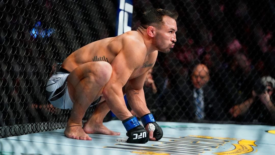 Michael Chandler waits for the start of a lightweight bout against Dustin Poirier in the UFC 281 mixed martial arts event.