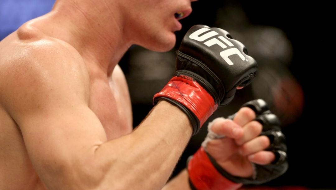 A closeup of the UFC logo on a fighter's gloves at UFC Fight Night Boston, Sunday, January 18, 2015 in Boston.