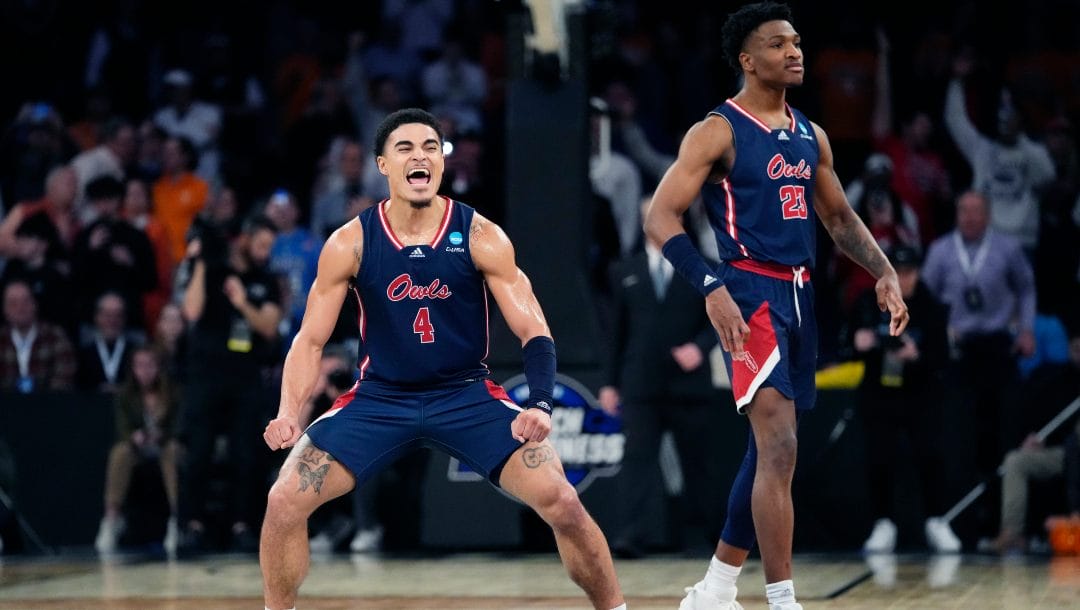 Florida Atlantic guard Bryan Greenlee (4) and guard Brandon Weatherspoon (23) react after the team defeated Tennessee 62-55 in a Sweet 16 college basketball game in the East Regional of the NCAA tournament at Madison Square Garden, Thursday, March 23, 2023, in New York.