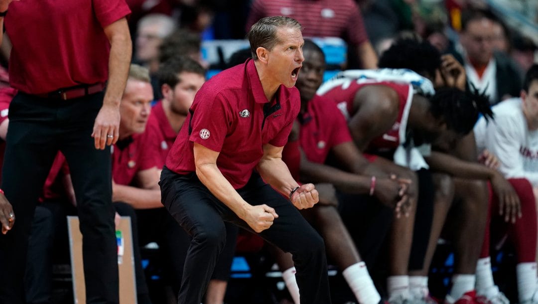 Arkansas head coach Eric Musselman reacts on the bench in the second half of a second-round college basketball game against Kansas in the NCAA Tournament, Saturday, March 18, 2023