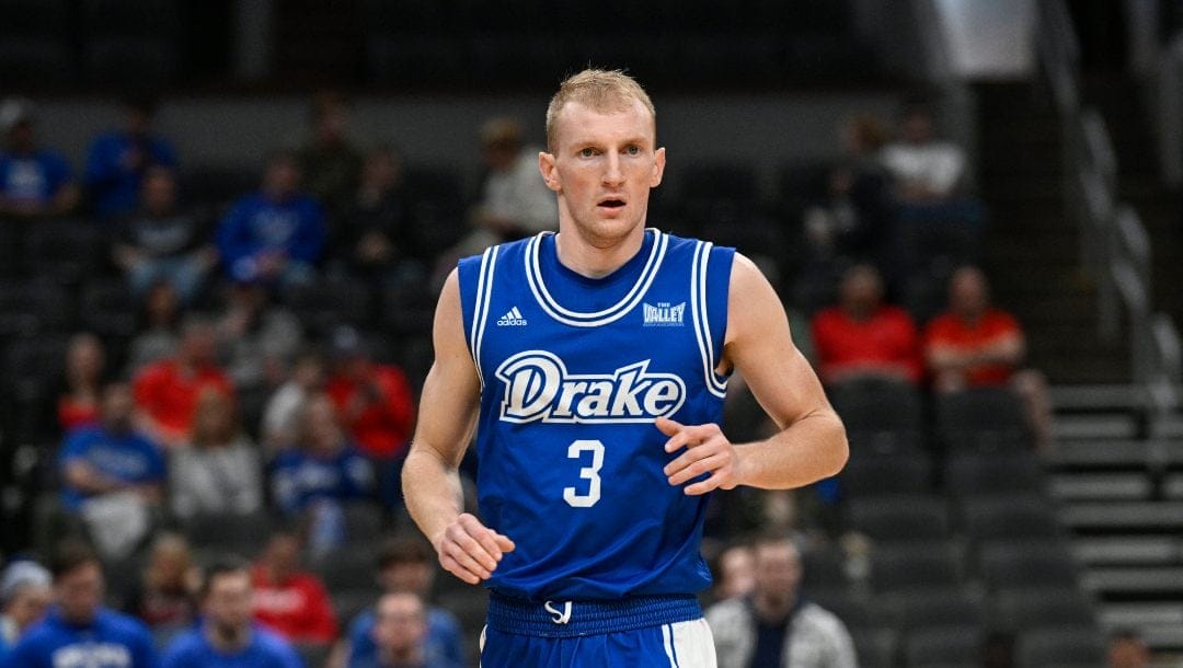 Drake guard Garrett Sturtz (3) in action against Bradley during the first half of the championship game in the MVC basketball tournament Sunday, March 5, 2023, in St. Louis.
