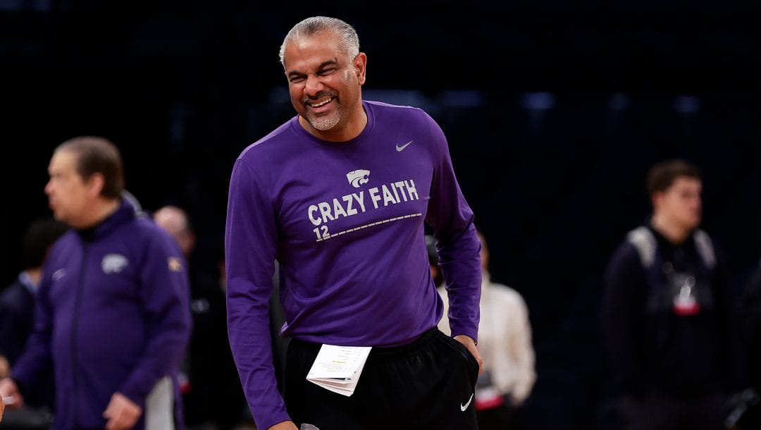 Kansas State head coach Jerome Tang laughs during practice before a Sweet 16 college basketball game at the NCAA East Regional of the NCAA Tournament, Wednesday, March 22, 2023, in New York.