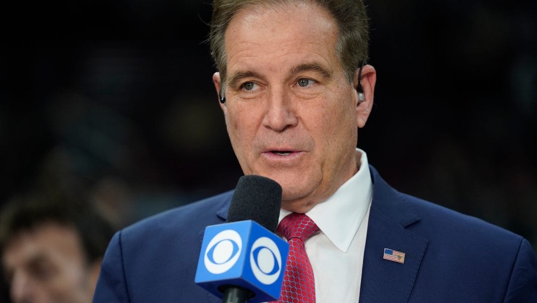 CBS announcer Jim Nantz begins the broadcast of an NCAA college basketball championship game between Penn State and Purdue at the Big Ten men's tournament, Sunday, March 12, 2023, in Chicago.