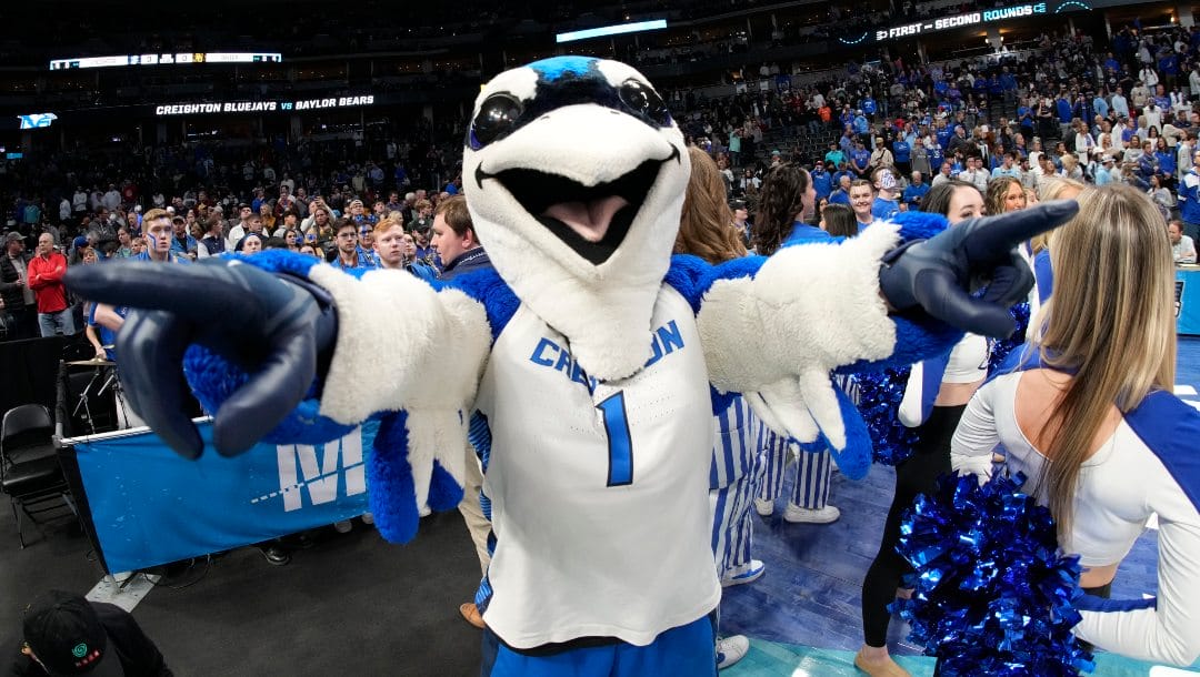 Creighton mascot Billy Bluejay performs in the first half of a second-round college basketball game against Baylor in the men's NCAA Tournament, Sunday, March 19, 2023, in Denver.